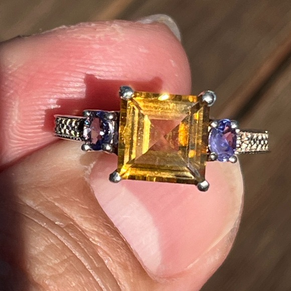 Jewelry - 925 Sterling Silver Princess-Cut Golden Yellow Gemstone Ring with Purple Stones